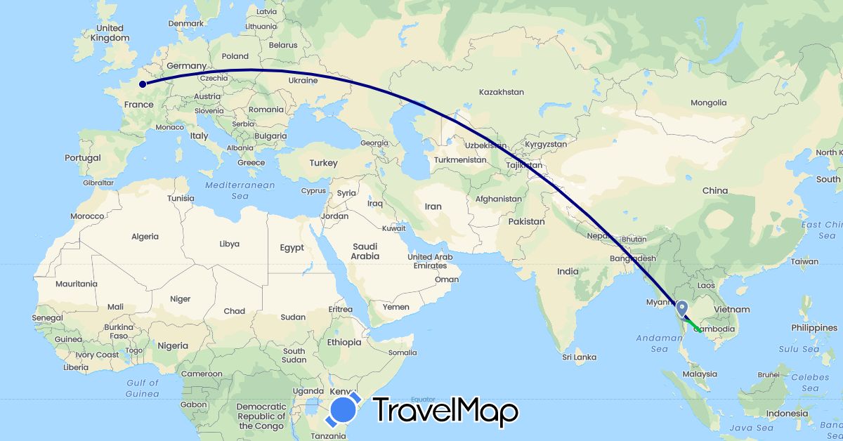 TravelMap itinerary: driving, bus, cycling in France, Thailand (Asia, Europe)